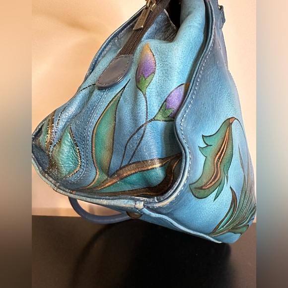 Anuschka Hand Painted Leather Teal Floral Tote Shoulder Handbag Purse - Picture 7 of 16